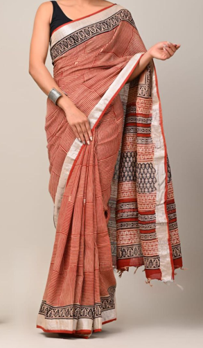 Bagru Hand Block Printed Soft Linen Saree