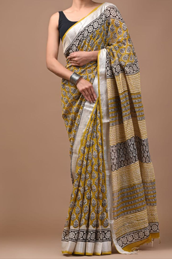 Bagru Hand Block Printed Soft Linen Saree