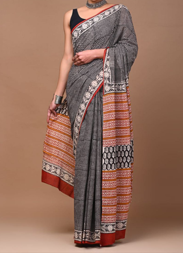 Bagru Hand Block Printed Pure Cotton Saree