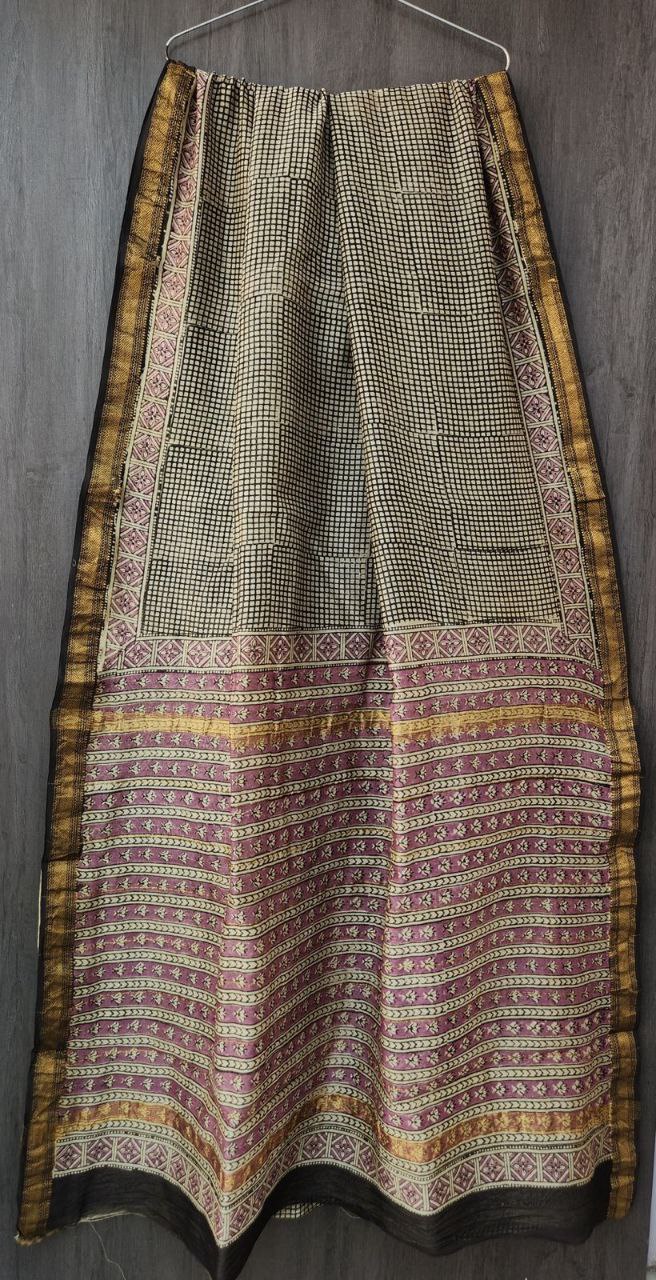 Bagru Hand Block printed pure Maheshwari silk saree