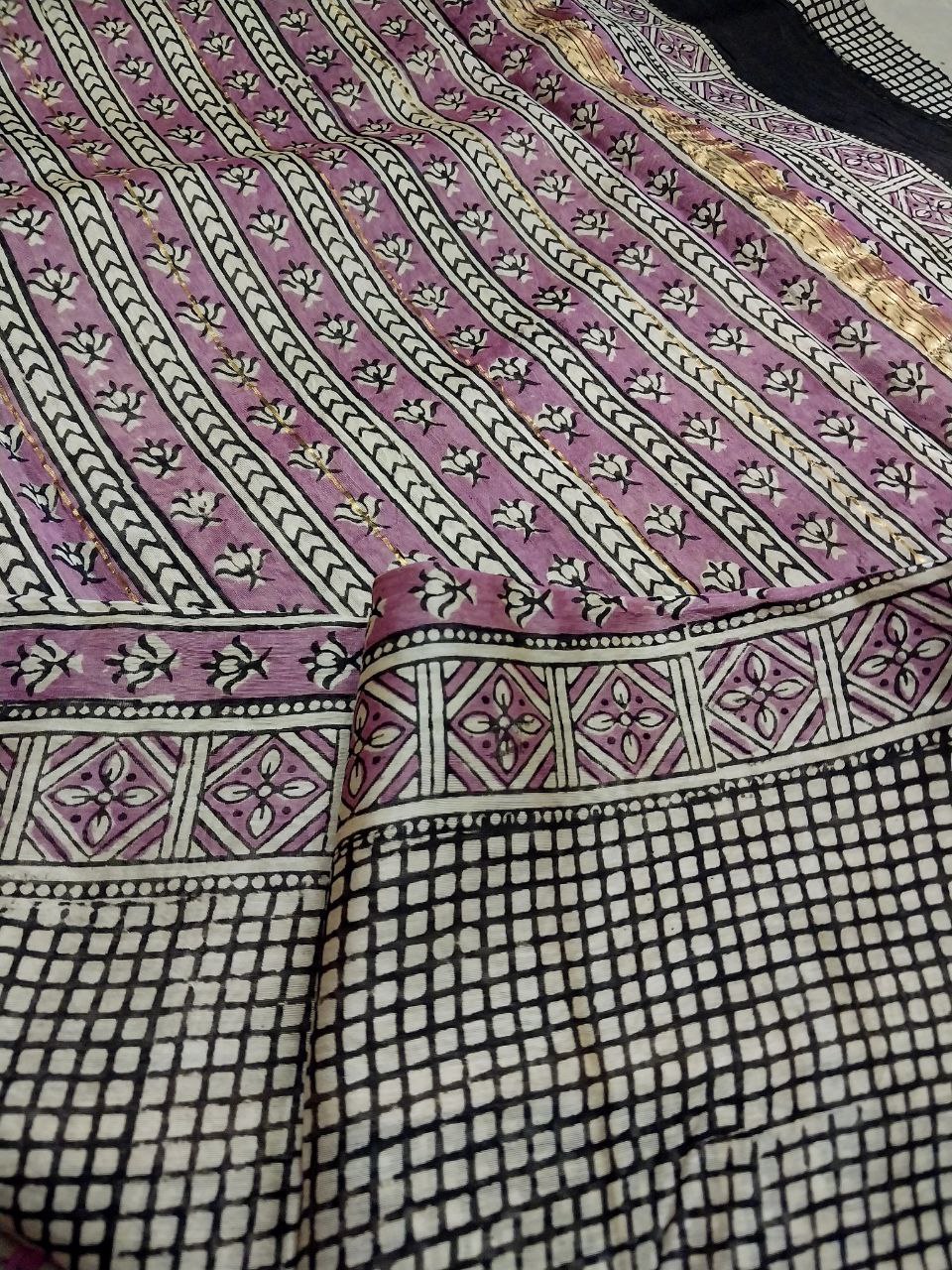 Bagru Hand Block printed pure Maheshwari silk saree
