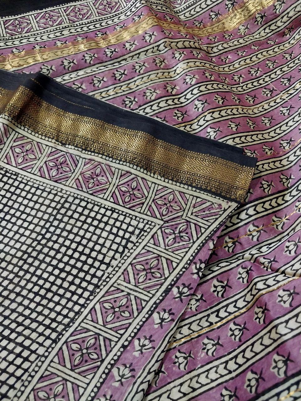 Bagru Hand Block printed pure Maheshwari silk saree