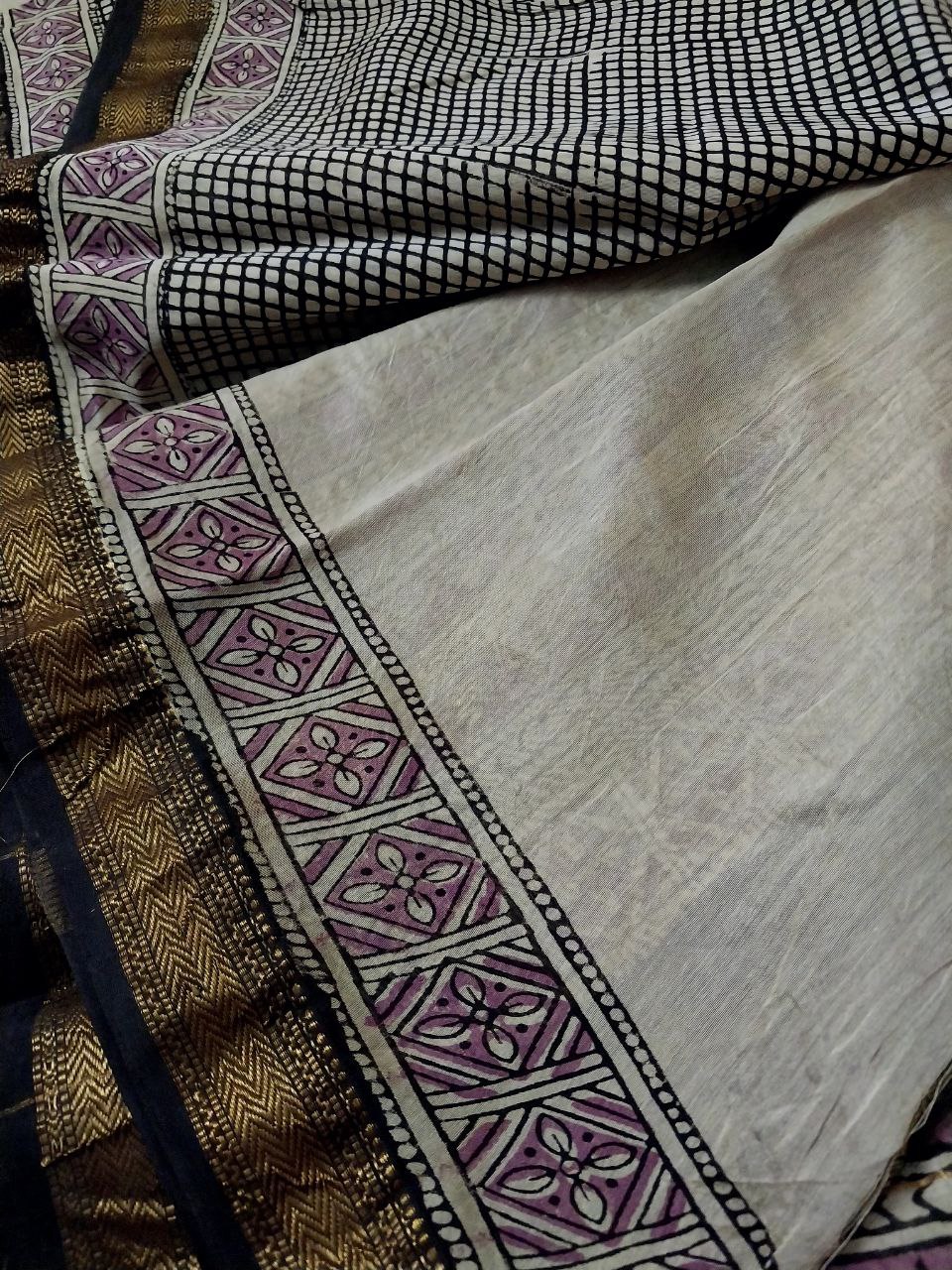 Bagru Hand Block printed pure Maheshwari silk saree