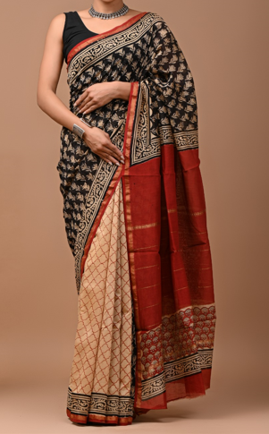 Bagru Hand Block Printed Pure Chanderi Silk Saree
