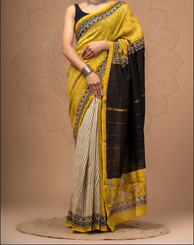 Bagru Hand Block Printed Pure Chanderi Silk Saree