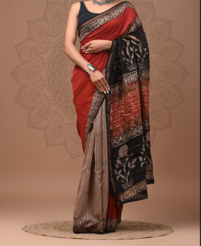Bagru Hand Block Printed Pure Chanderi Silk Saree
