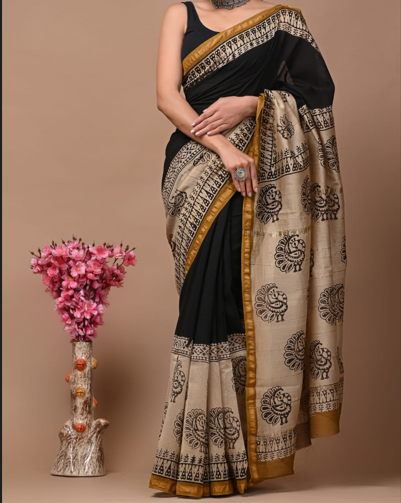 Bagru Hand Block Printed Pure Chanderi Silk Saree