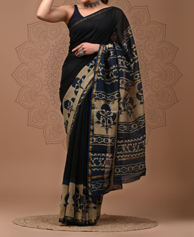 Bagru Hand Block Printed Pure Chanderi Silk Saree