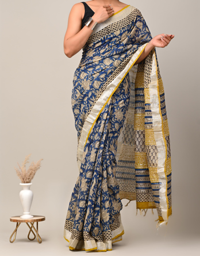 Bagru Hand Block Printed Soft Linen Cotton Saree