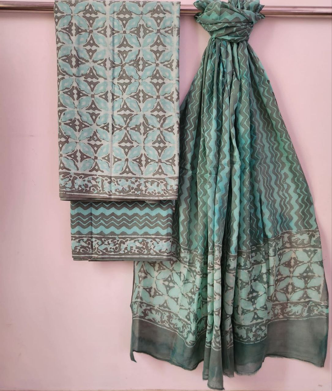 Pure Cotton Bagru Block Printed Suit Set with Kota Doriya Dupatta