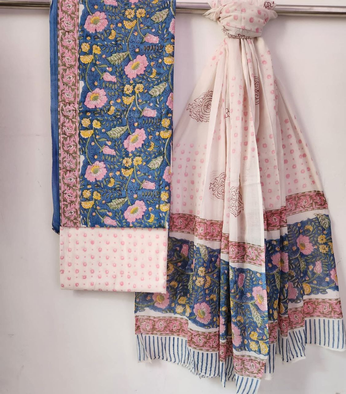Pure Cotton Bagru Block Printed Suit Set with Kota Doriya Dupatta