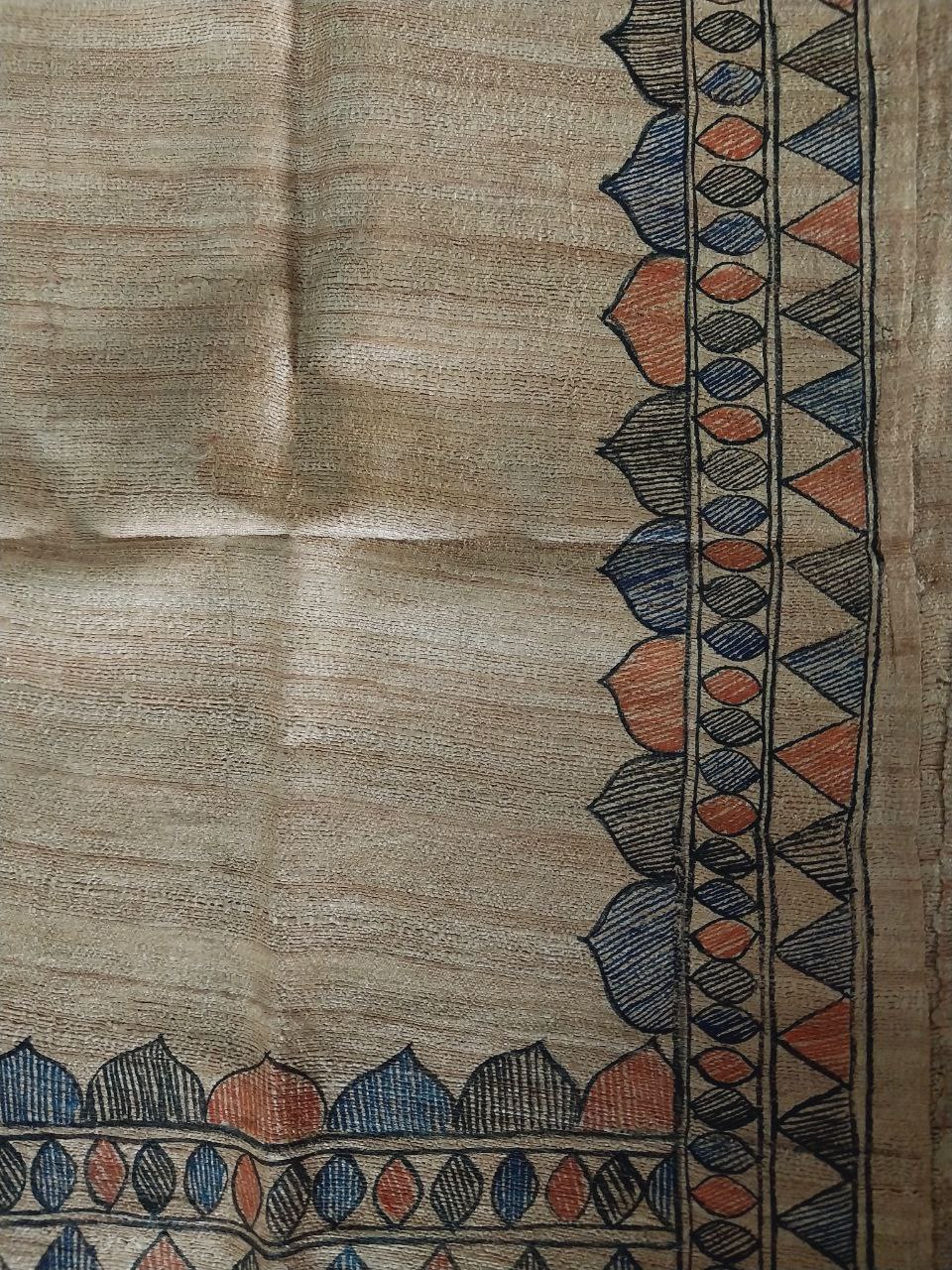 Madhubani Handpainted Saree on Pure Ghicha Tussar Saree with Running Blouse Piece