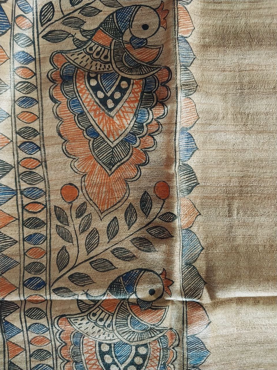 Madhubani Handpainted Saree on Pure Ghicha Tussar Saree with Running Blouse Piece