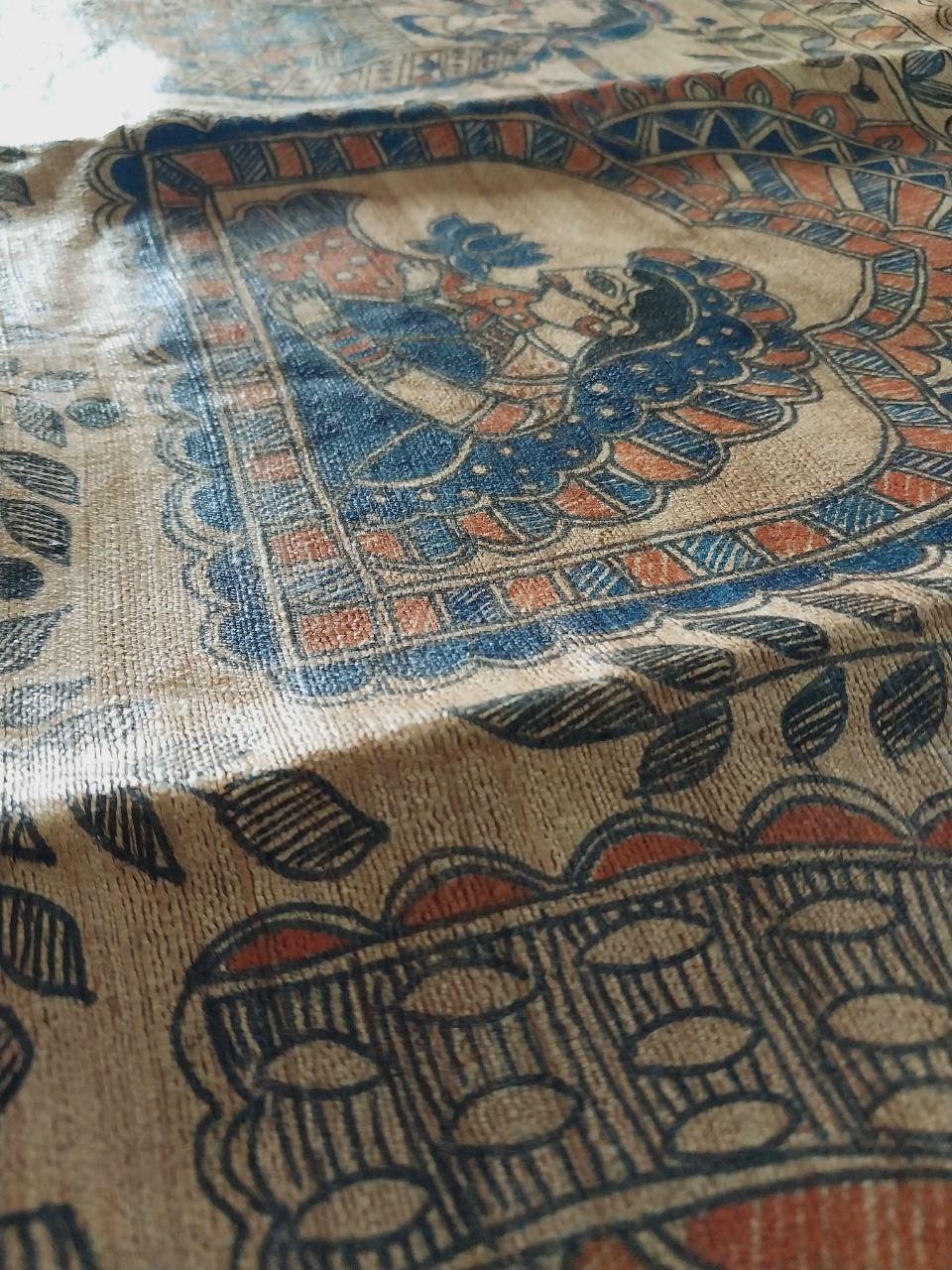 Madhubani Handpainted Saree on Pure Ghicha Tussar Saree with Running Blouse Piece