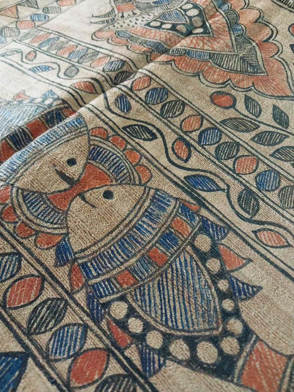 Madhubani Handpainted Saree on Pure Ghicha Tussar Saree with Running Blouse Piece