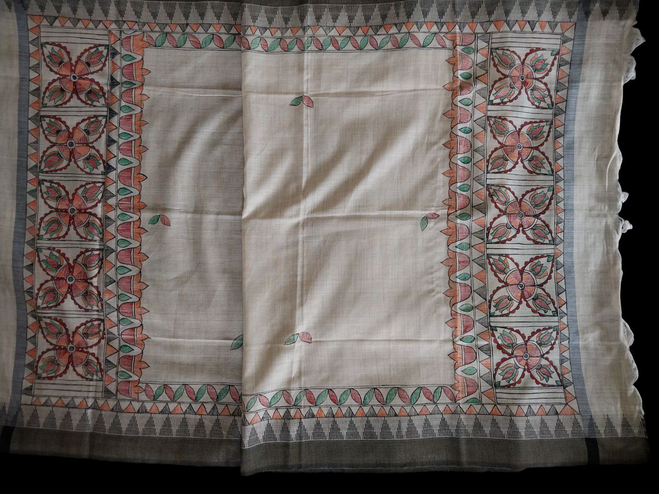 Handpainted Madhubani Dupatta on Khadi Cotton Fabric