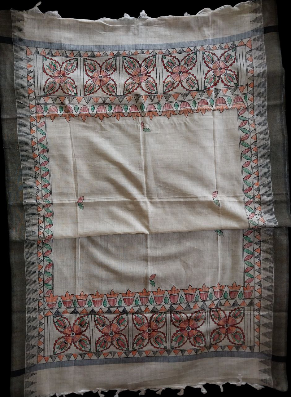 Handpainted Madhubani Dupatta on Khadi Cotton Fabric