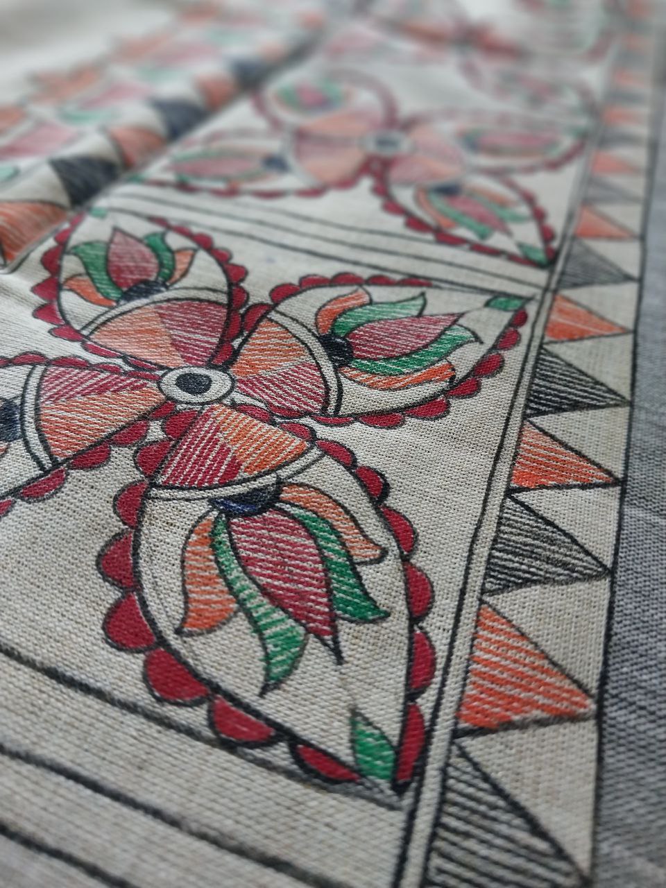 Handpainted Madhubani Dupatta on Khadi Cotton Fabric