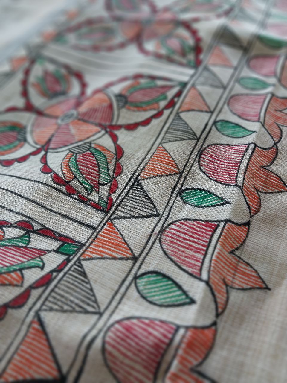 Handpainted Madhubani Dupatta on Khadi Cotton Fabric