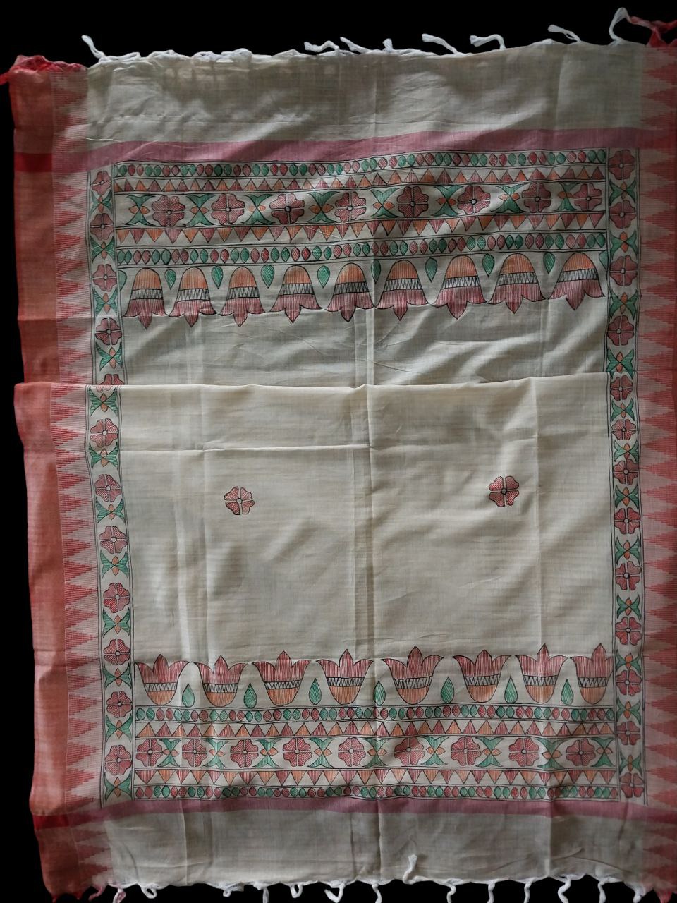 Handpainted Madhubani Dupatta on Khadi Cotton Fabric