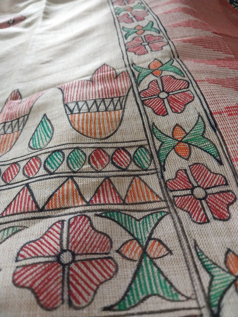 Handpainted Madhubani Dupatta on Khadi Cotton Fabric