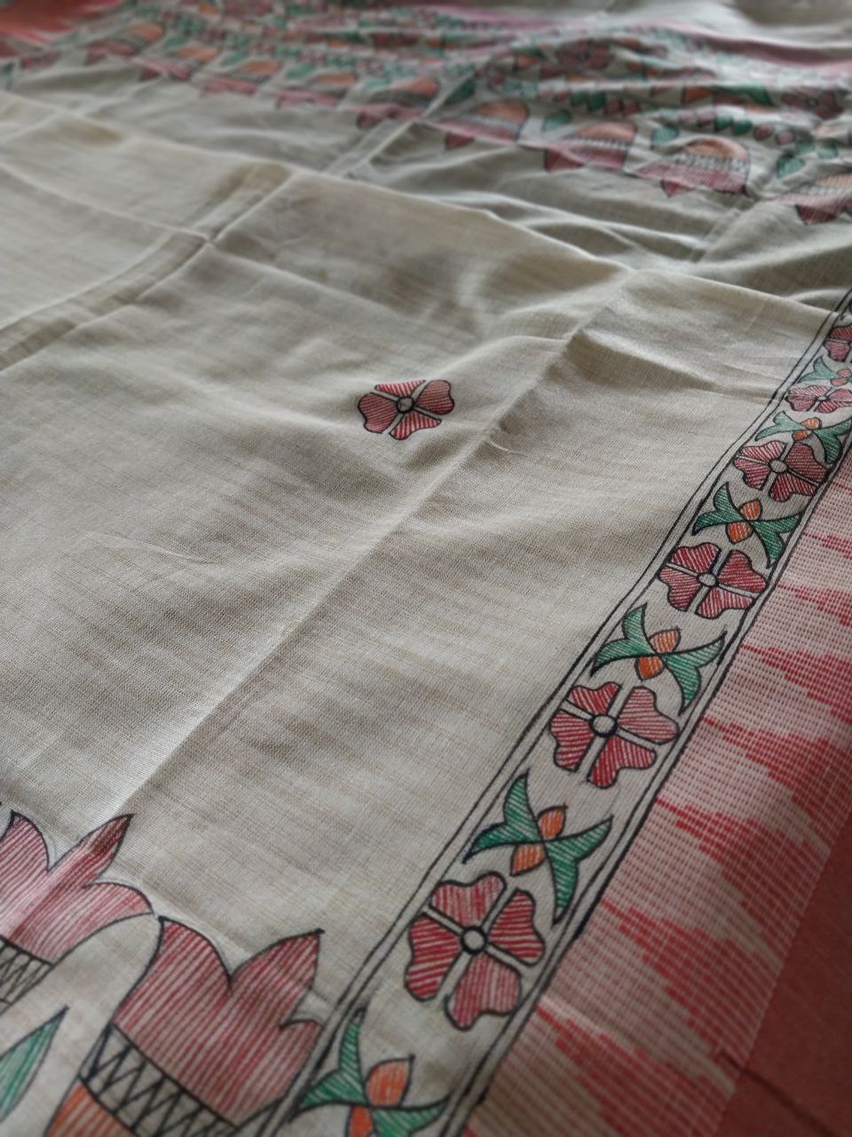 Handpainted Madhubani Dupatta on Khadi Cotton Fabric