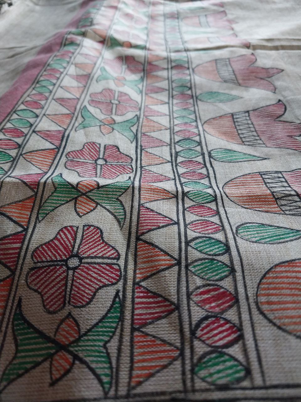 Handpainted Madhubani Dupatta on Khadi Cotton Fabric
