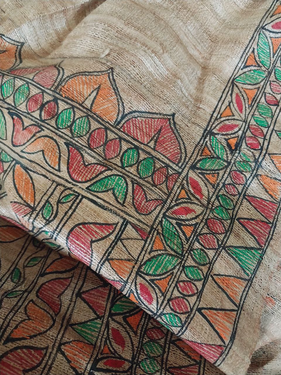 Madhubani Handpainted Saree on Pure Ghicha Tussar Saree with Running Blouse Piece