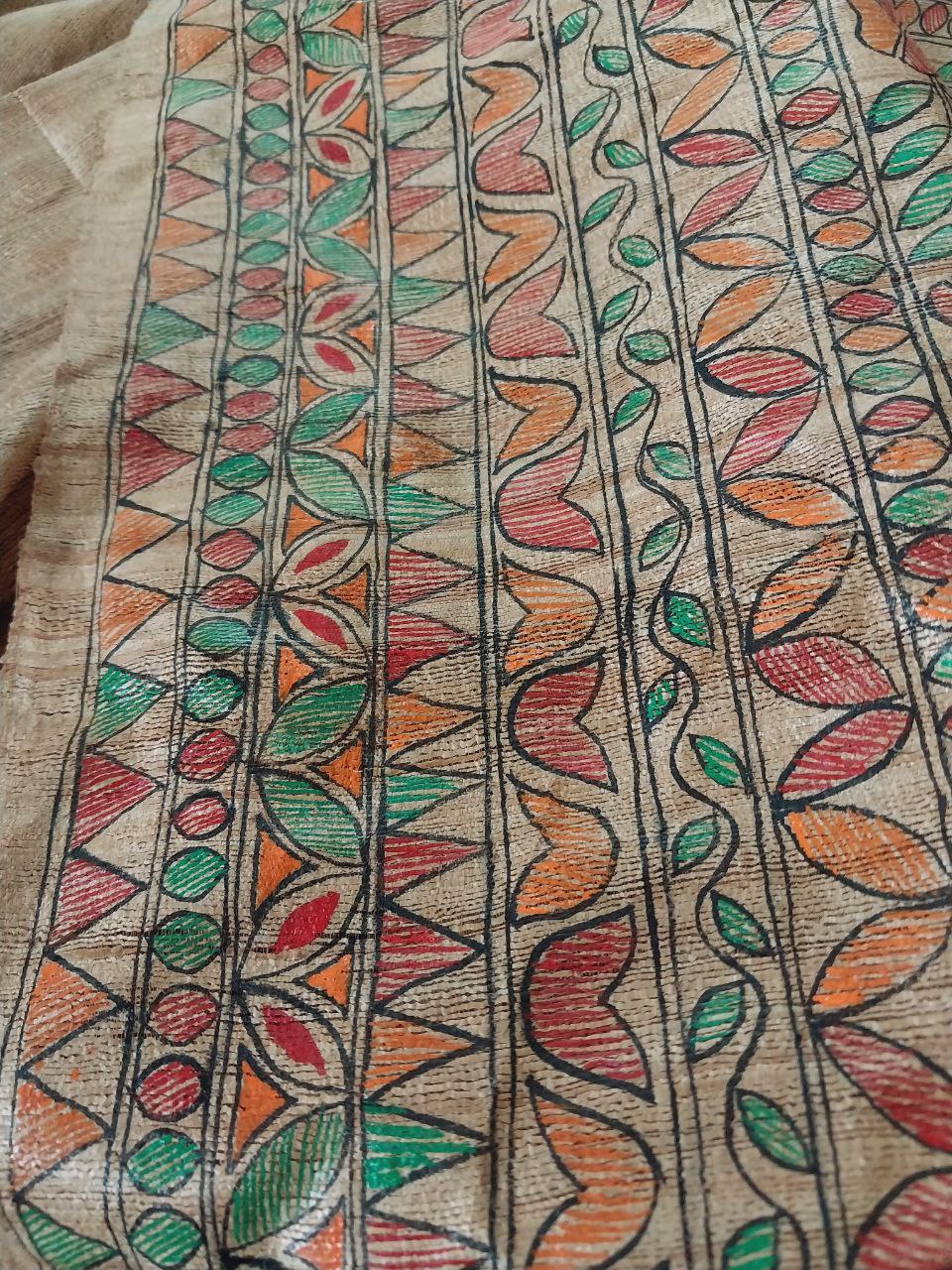 Madhubani Handpainted Saree on Pure Ghicha Tussar Saree with Running Blouse Piece