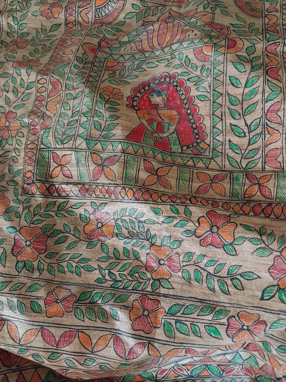 Madhubani Handpainted Saree on Pure Ghicha Tussar Saree with Running Blouse Piece