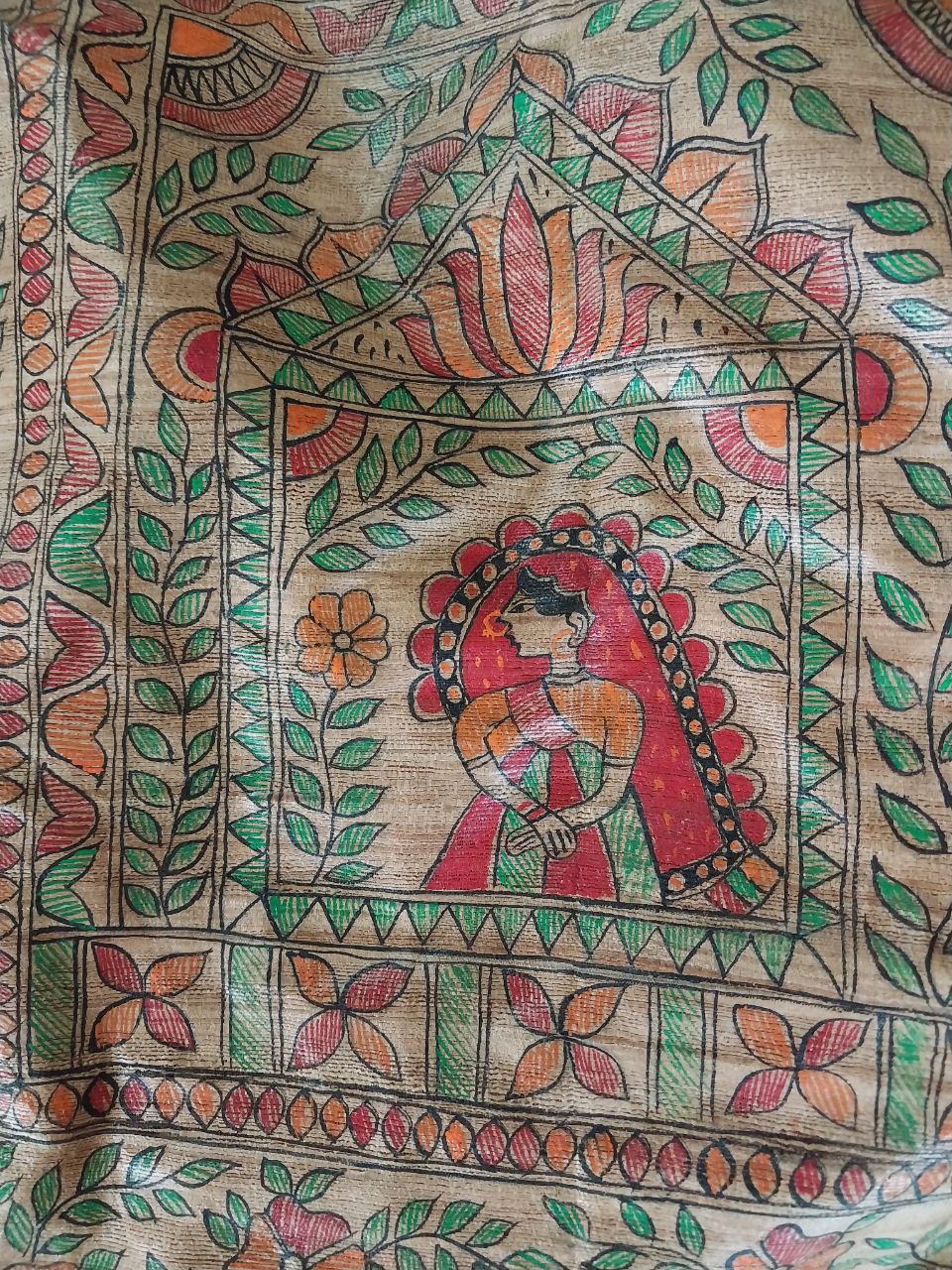 Madhubani Handpainted Saree on Pure Ghicha Tussar Saree with Running Blouse Piece