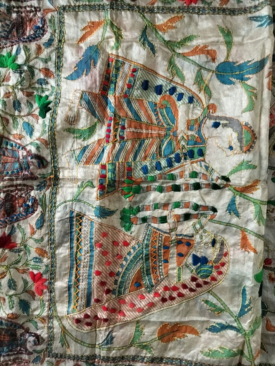 Handstitched Madhubani Dupatta on Cotton Silk Fabric