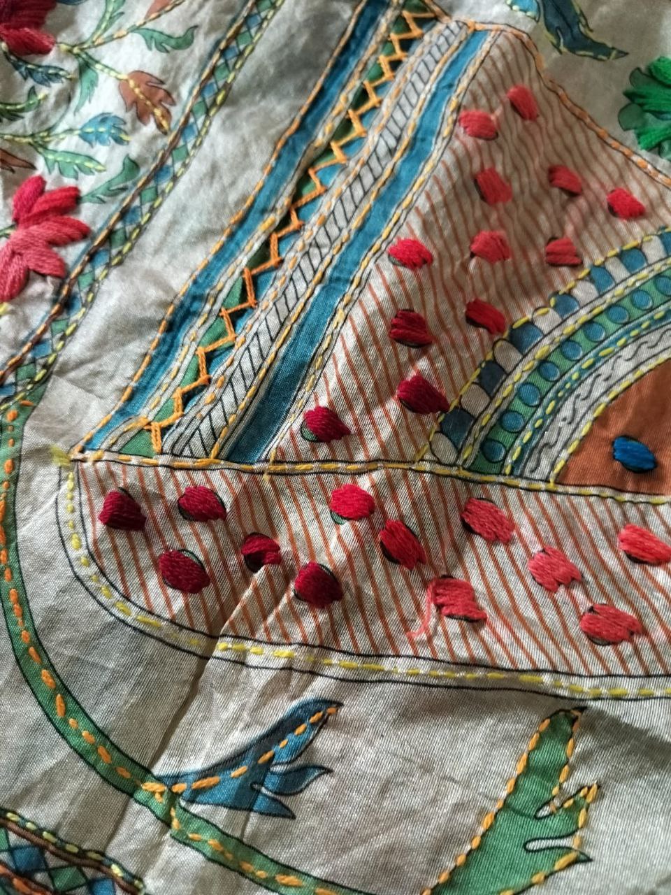 Handstitched Madhubani Dupatta on Cotton Silk Fabric