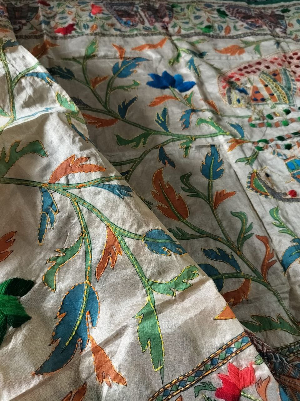 Handstitched Madhubani Dupatta on Cotton Silk Fabric