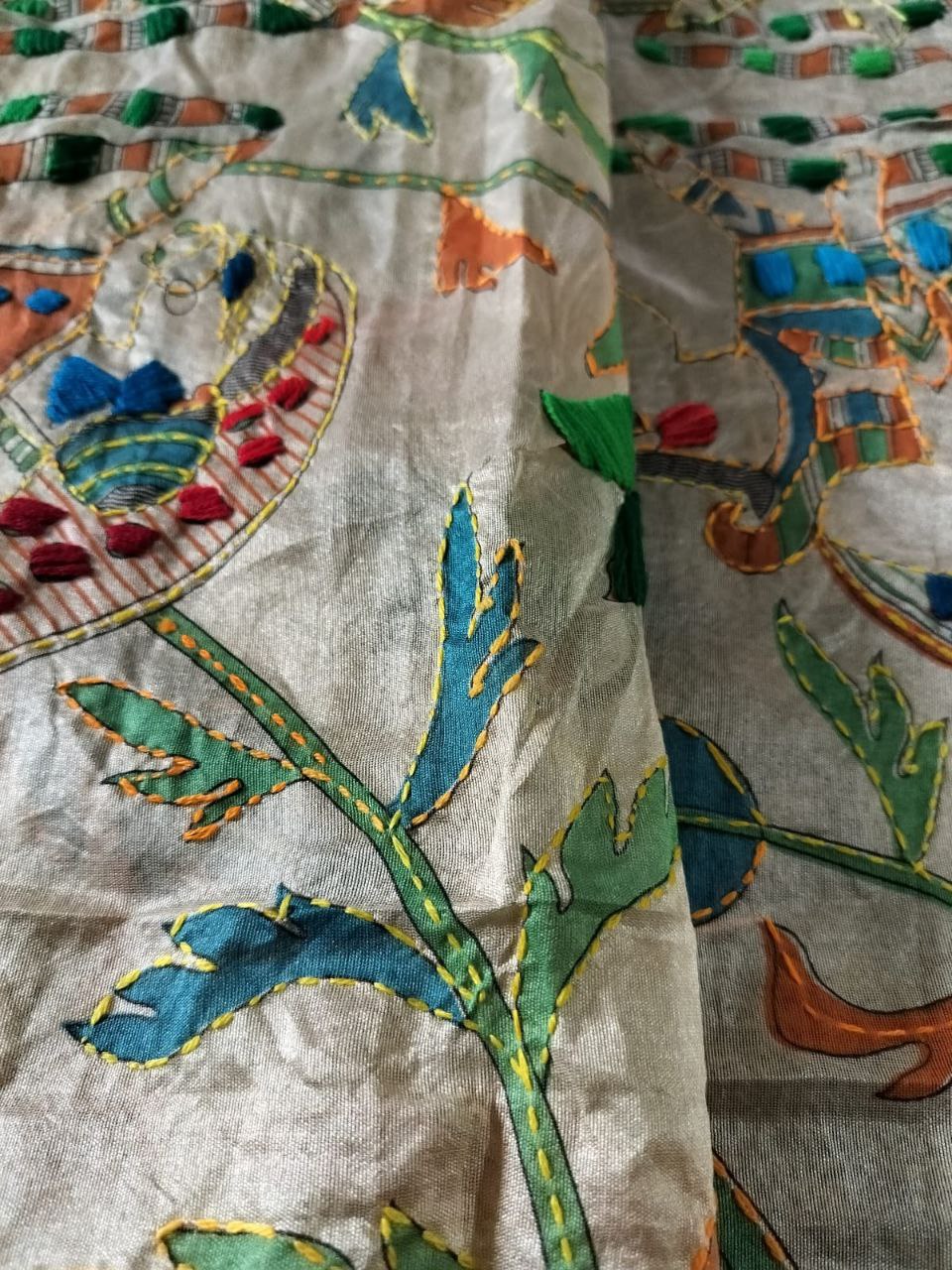 Handstitched Madhubani Dupatta on Cotton Silk Fabric