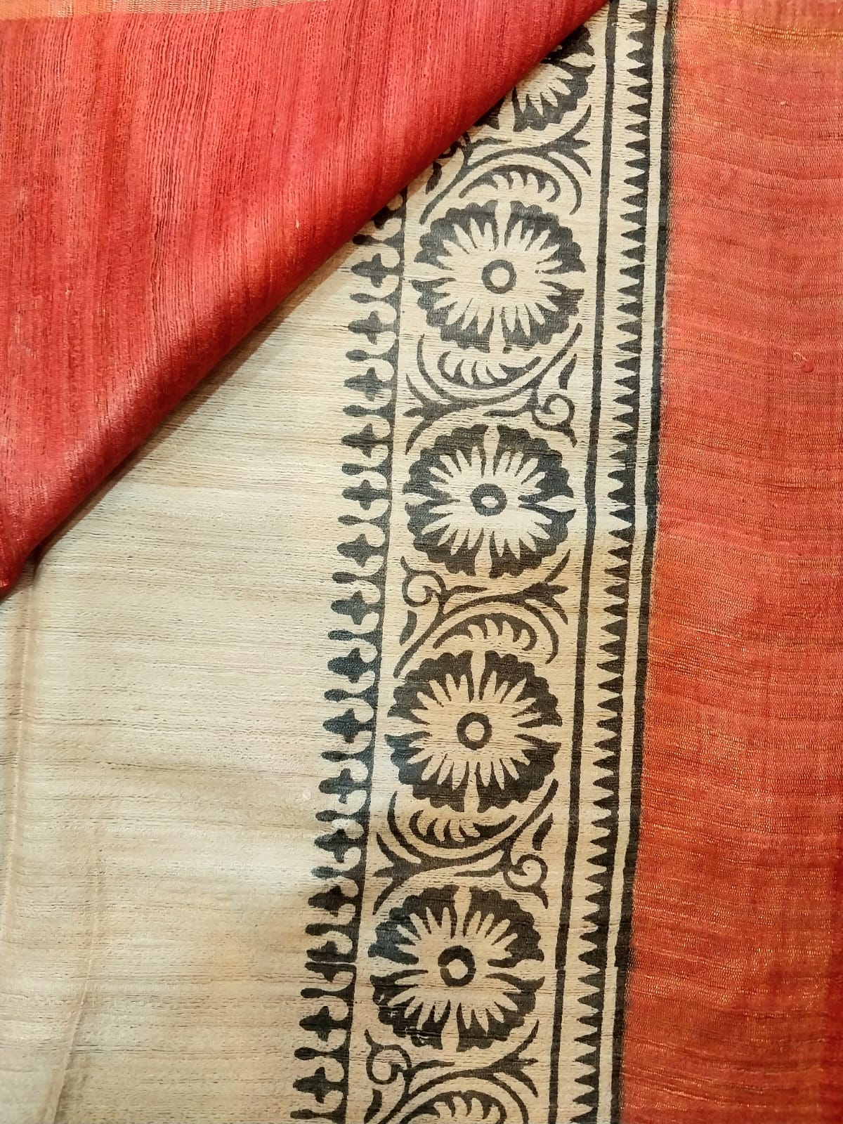 Hand Block Print Saree on Pure Ghicha Tussar Saree with Running Blouse Piece