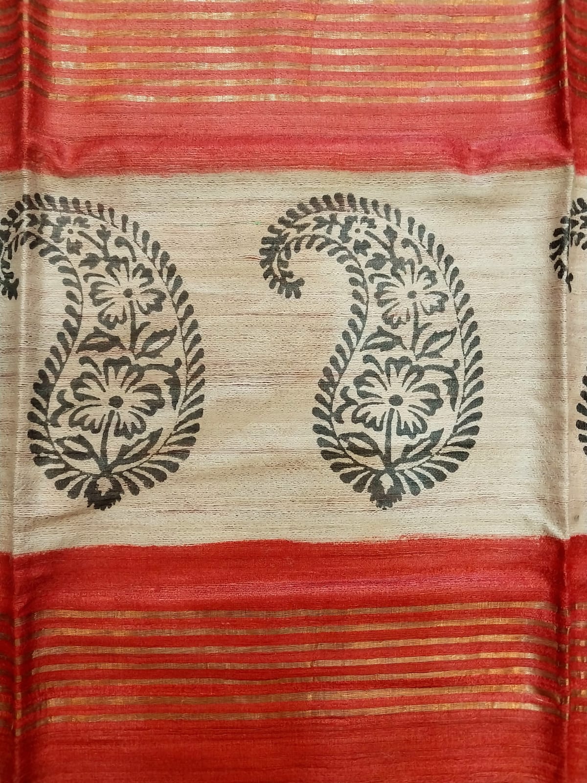 Hand Block Print Saree on Pure Ghicha Tussar Saree with Running Blouse Piece