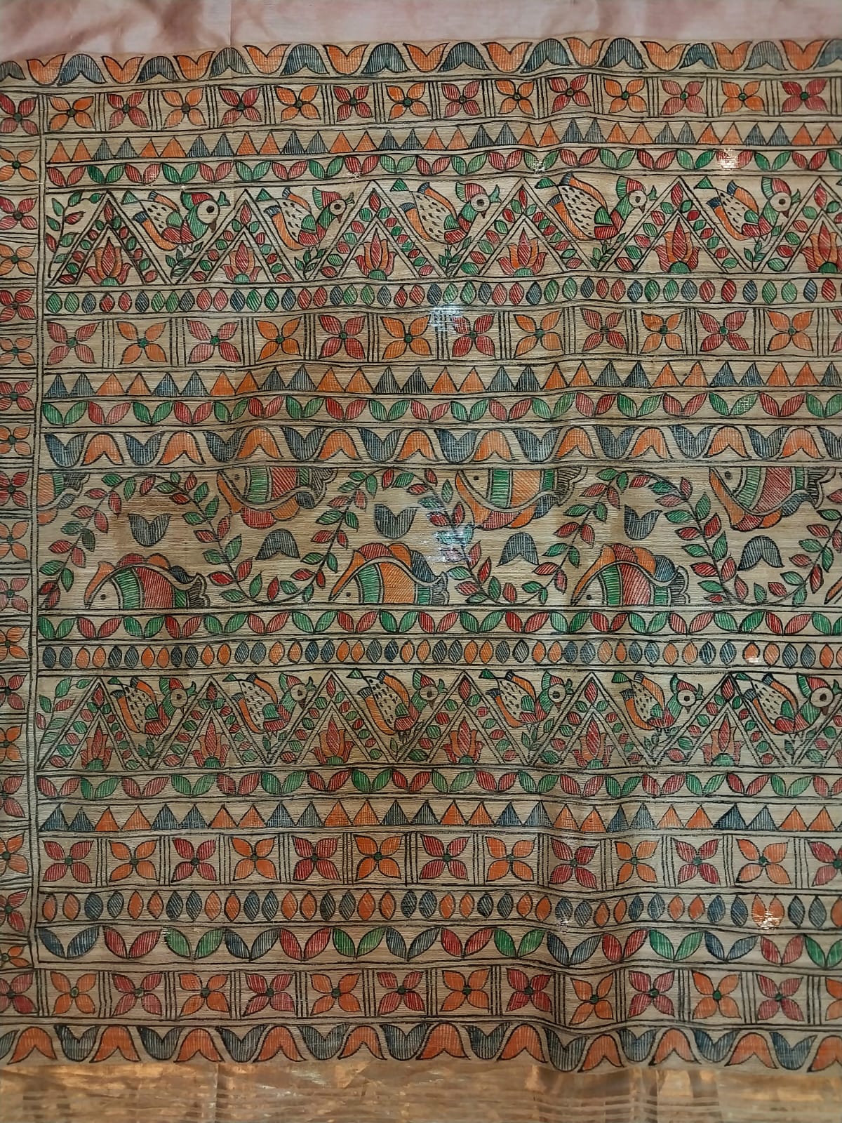 Madhubani Handpainted Saree on Pure Ghicha Tussar Pallu Staple Silk Saree with running blouse piece