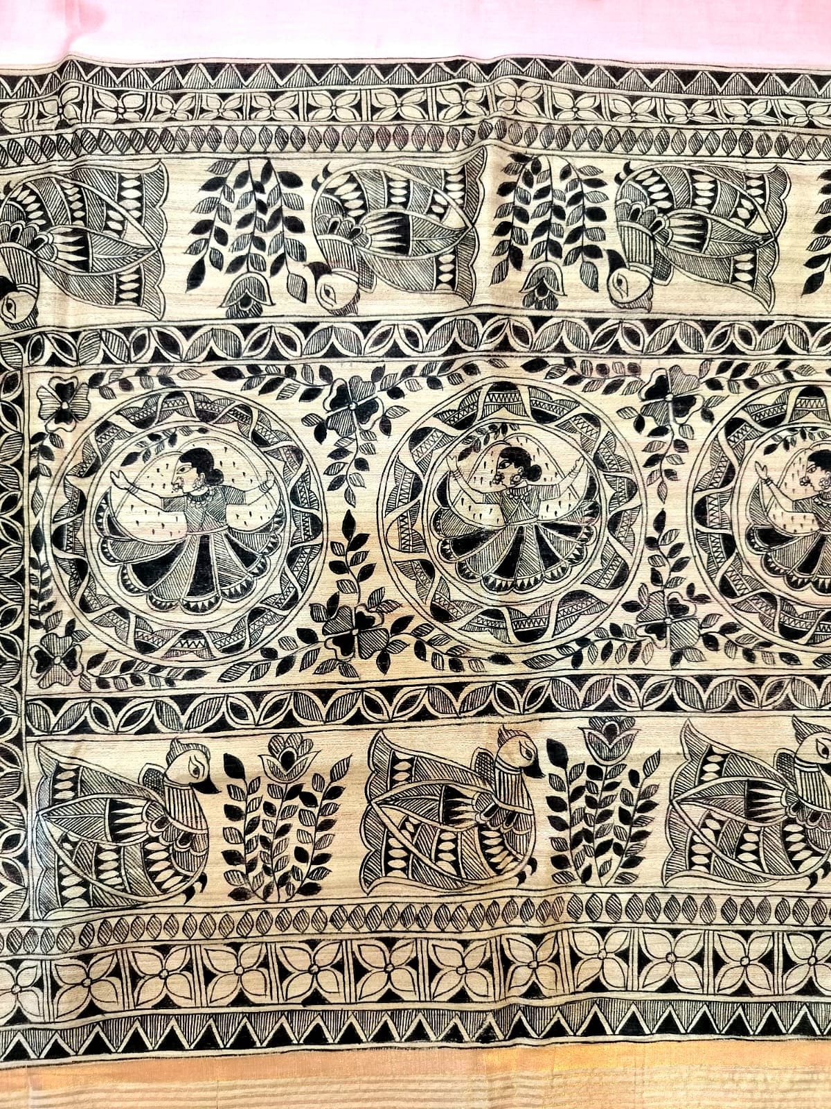 Madhubani Handpainted Saree on Pure Ghicha Tussar Pallu Staple Silk Saree with running blouse piece