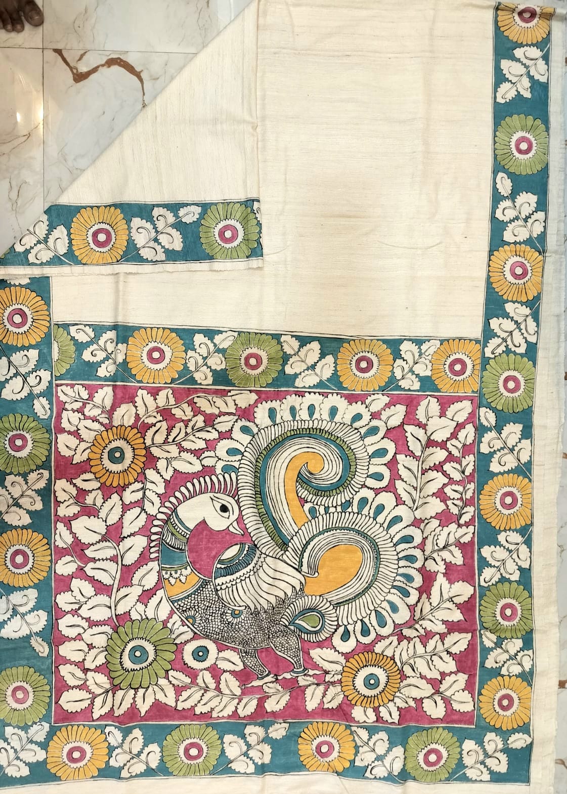 Kalamkari Hand-Painted Saree on Pure Ghicha Tussar Pallu Staple Silk Saree with running blouse piece
