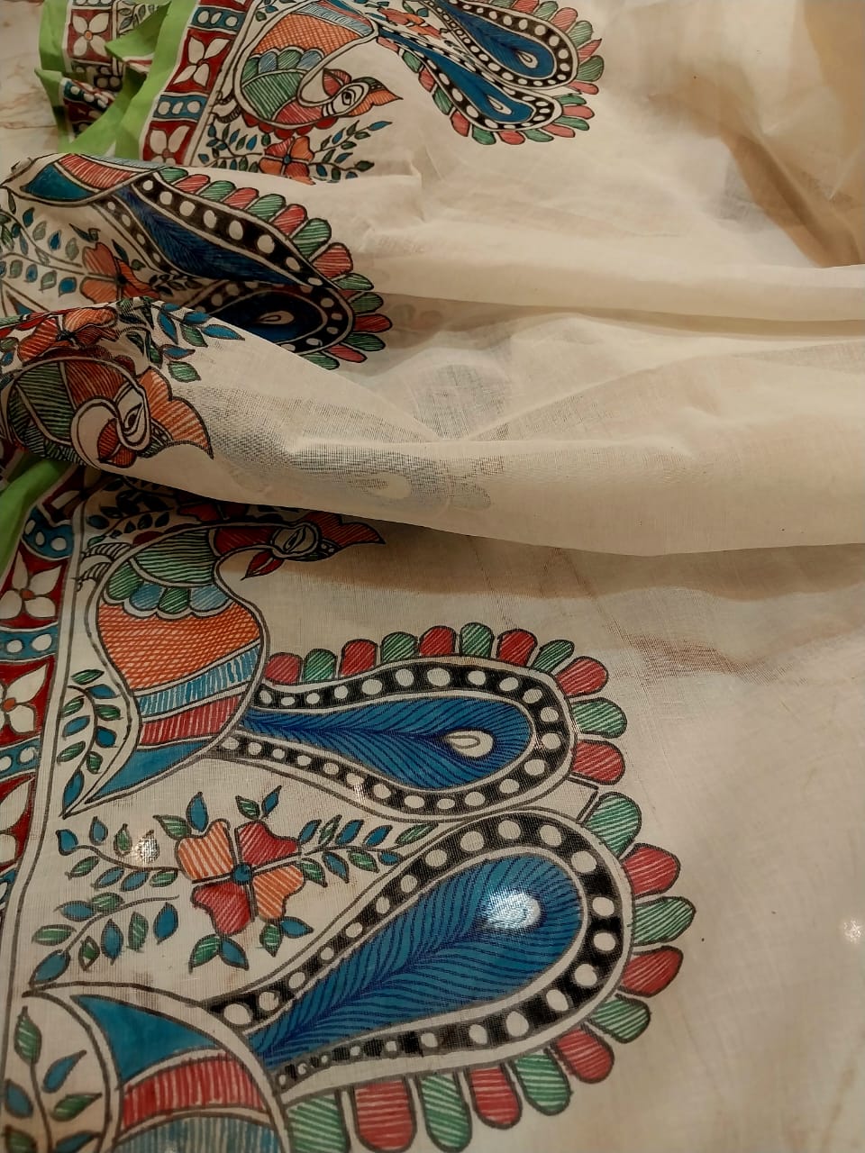 Madhubani Handpainted Saree on Pure 100/100 Cotton - Hand-Painting