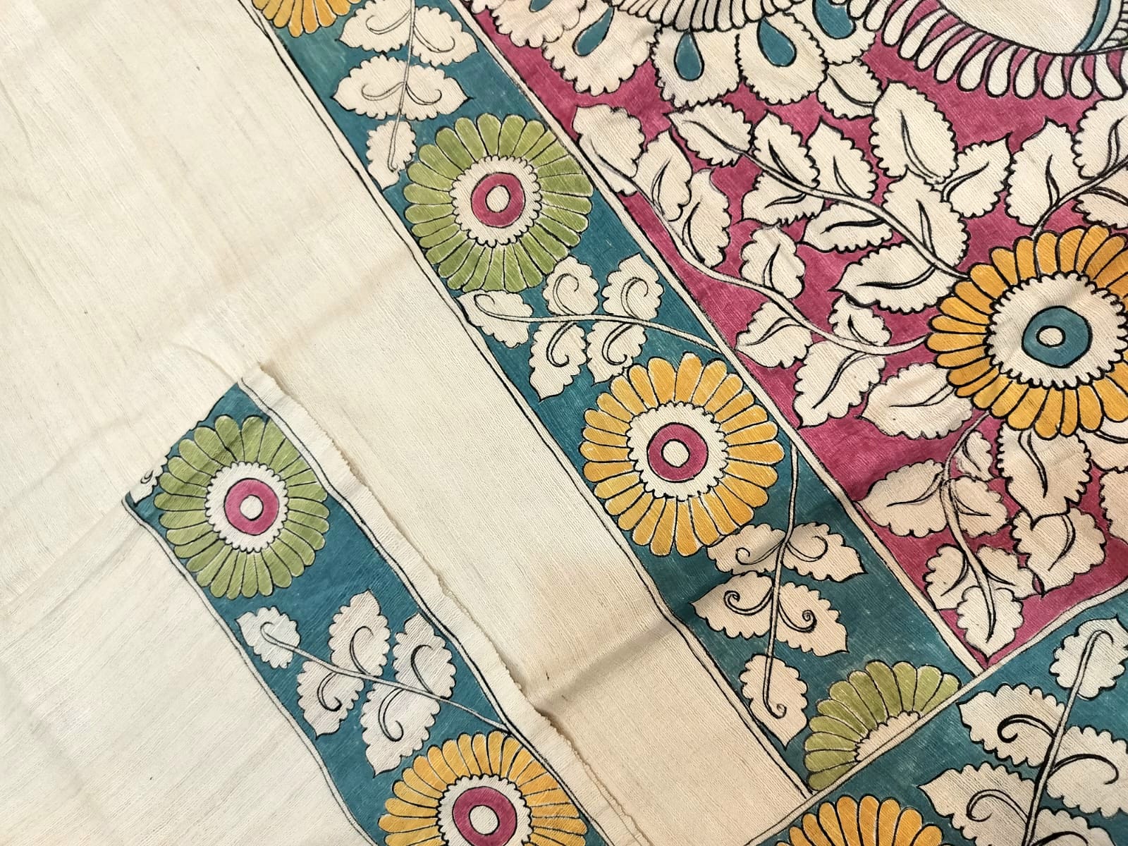 Kalamkari Hand-Painted Saree on Pure Ghicha Tussar Pallu Staple Silk Saree with running blouse piece