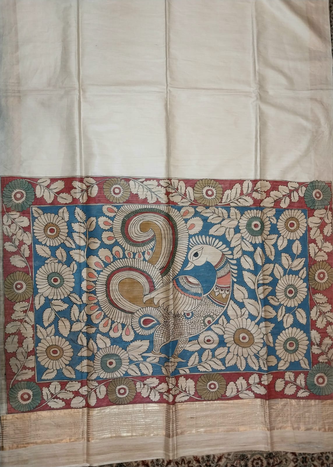 Kalamkari Hand-Painted Saree on Pure Ghicha Tussar Pallu Staple Silk Saree with running blouse piece