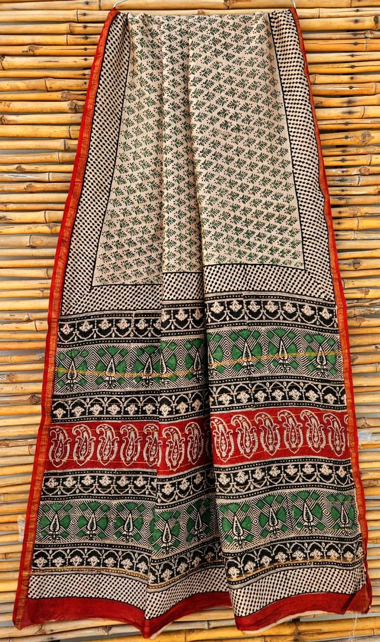Bagru Hand Block Printed Pure Chanderi Silk Saree
