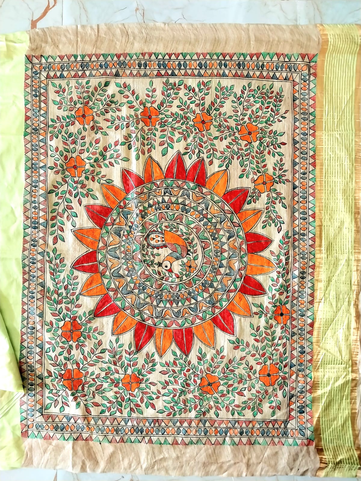 Madhubani Handpainted Saree on Pure Ghicha Tussar Pallu Staple Silk Saree with running blouse piece