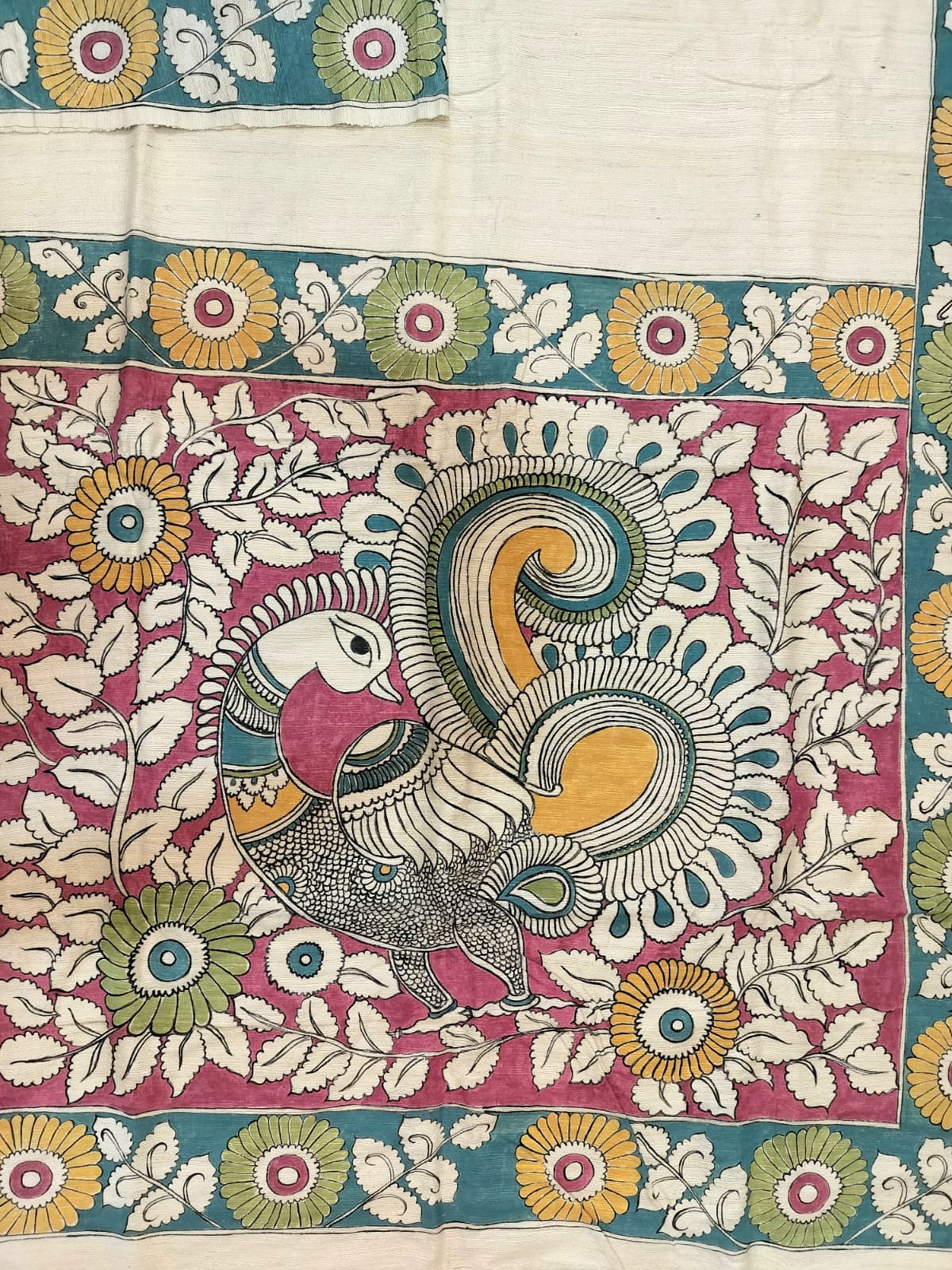 Kalamkari Hand-Painted Saree on Pure Ghicha Tussar Pallu Staple Silk Saree with running blouse piece