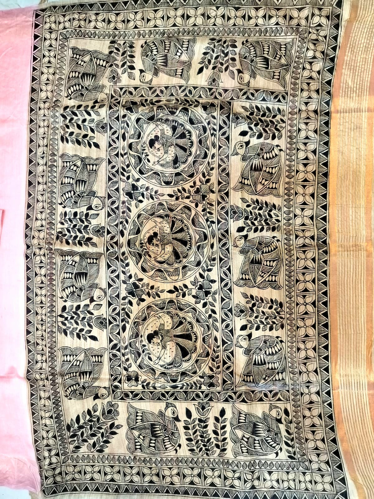 Madhubani Handpainted Saree on Pure Ghicha Tussar Pallu Staple Silk Saree with running blouse piece