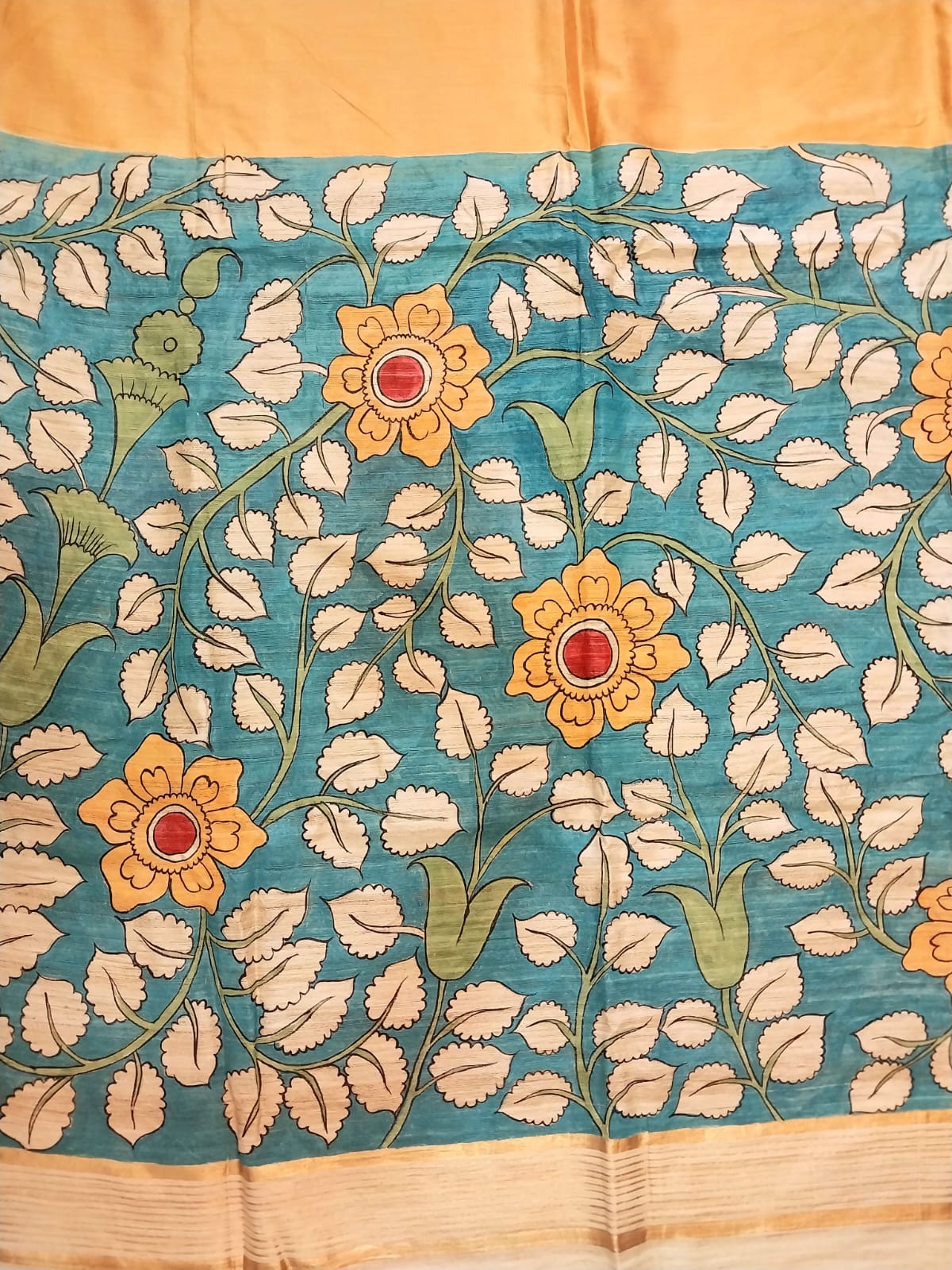 Kalamkari Hand-Painted Saree on Pure Ghicha Tussar Pallu Staple Silk Saree with running blouse piece