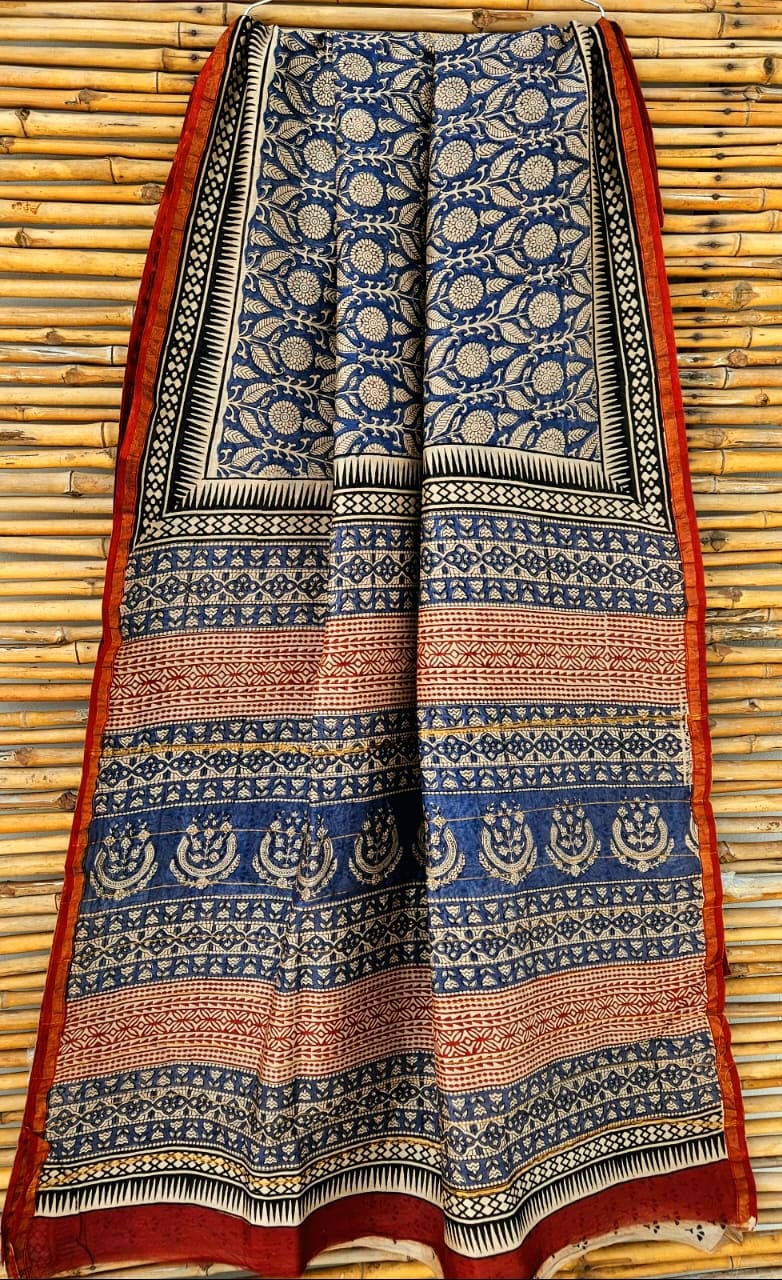 Bagru Hand Block Printed Pure Chanderi Silk Saree