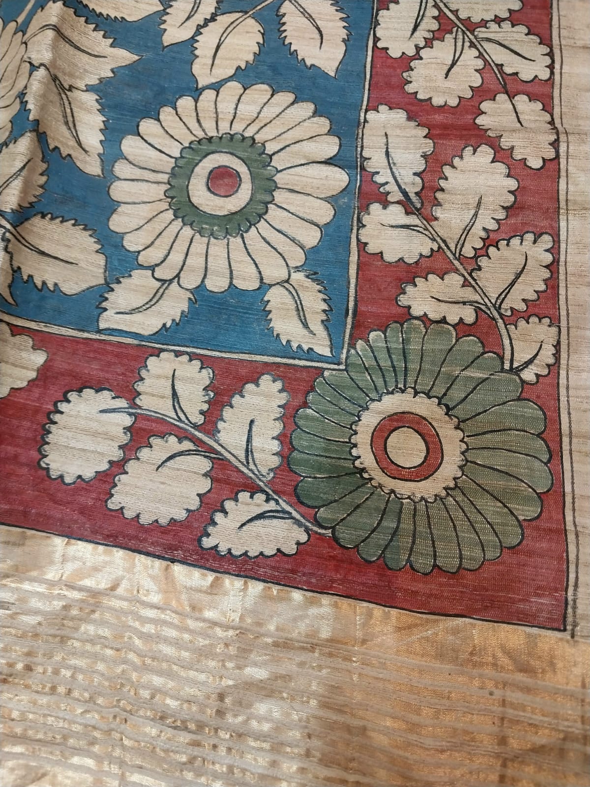 Kalamkari Hand-Painted Saree on Pure Ghicha Tussar Pallu Staple Silk Saree with running blouse piece